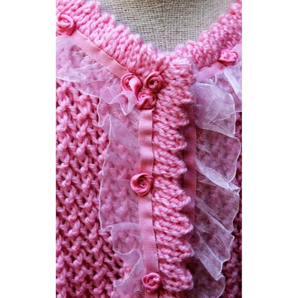 Crochet Cable Knit Pink Sweater Cardigan Roses Sheer Ruffle Girls Sz XL - Picture 2 of 8